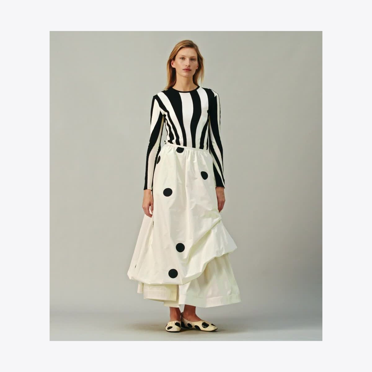 Long-Sleeve Jersey Top-Black 12 Silk Taffeta Bubble Skirt-Light New Ivory
