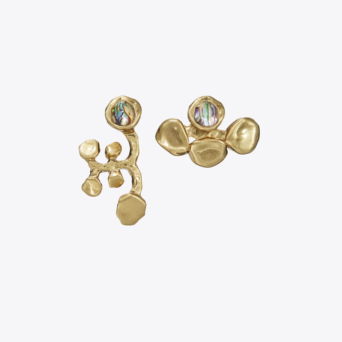 Brutalist Mismatched Earrings-Antique Light Brass / Abalone 1 Brutalist Mismatched Earrings-Antique Light Brass / Abalone