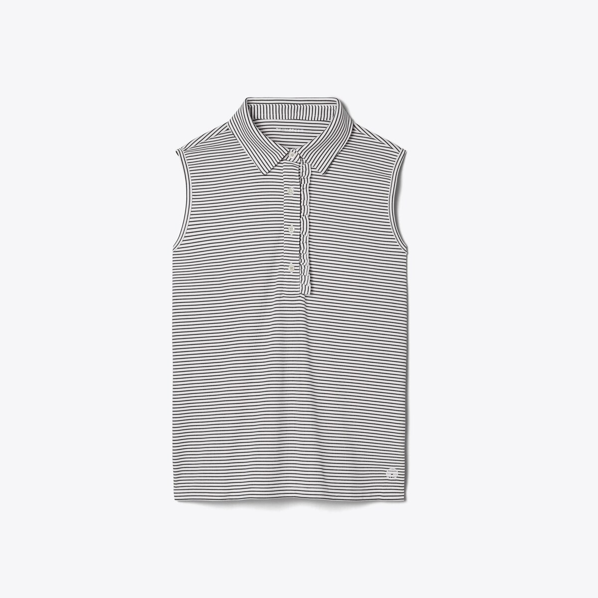 Performance Striped Sleeveless Ruffle Polo-Snow White/Tory Navy Pin Stripe