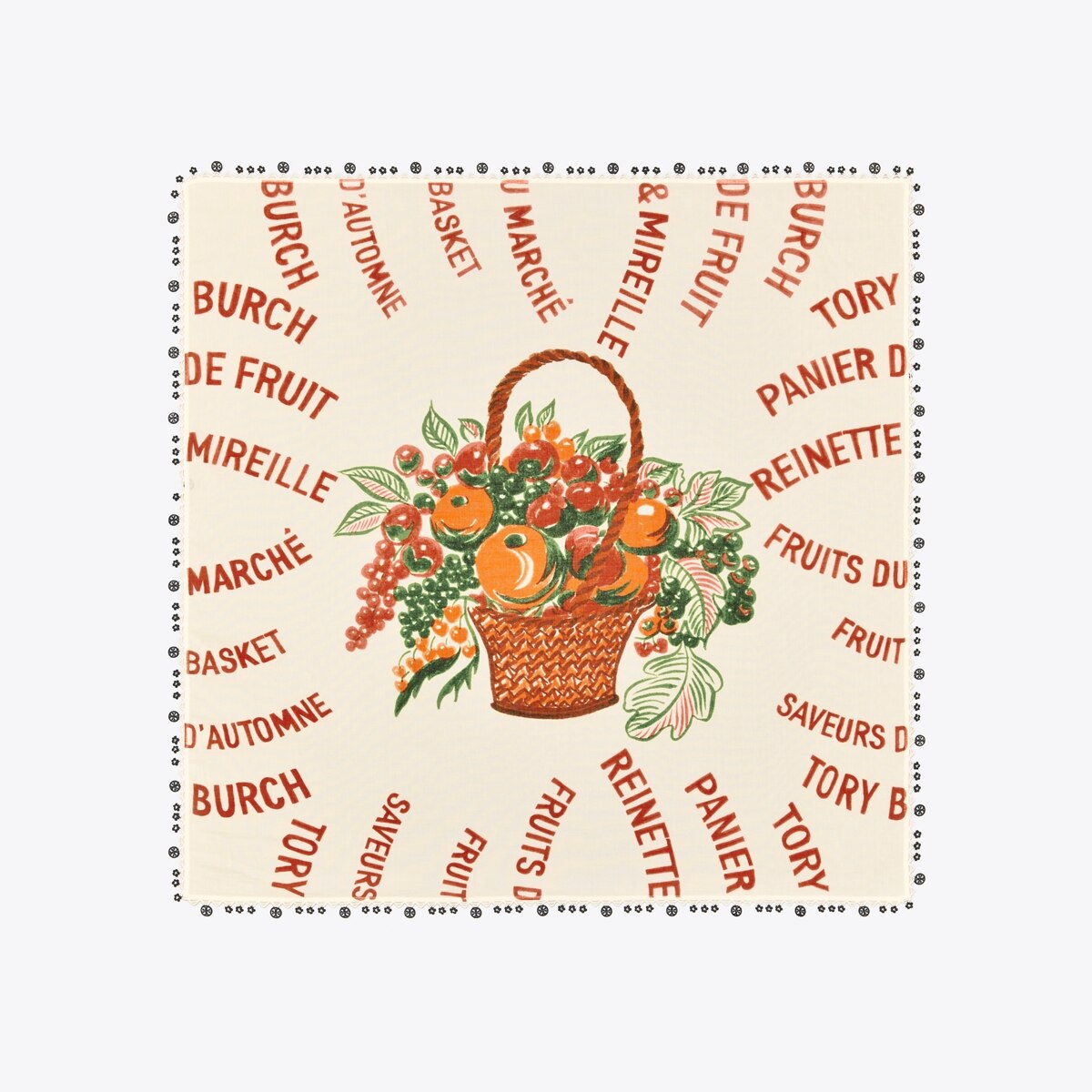 Fruit Basket Cotton Square Scarf with Trim-Multi 1 Fruit Basket Cotton Square Scarf with Trim-Multi